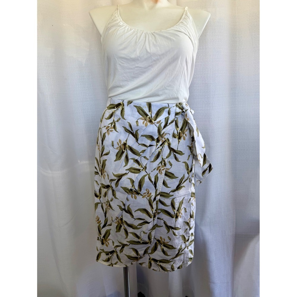 Chico's Linen Skirt Women's XL White Green Botanical Leaf Knee Length Wrap NWT